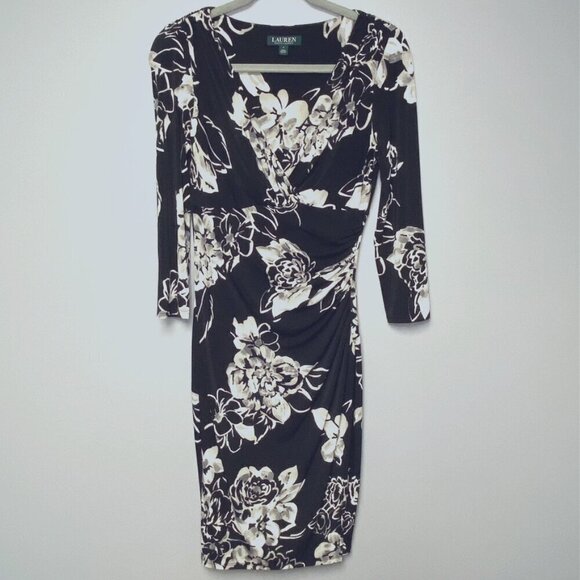 Lauren Ralph Lauren 3/4 Sleeve Faux Wrap Black Floral Print Jersey Dress size 4 - Picture 1 of 7